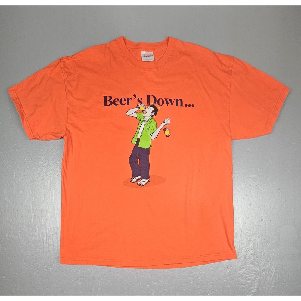 Funny Drinking T-Shirt Mens XL "Beer's Down, Beer's Up" Vintage Orange Humor Tee